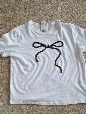 NWT- H&M White T-Shirt with Black Stitched Bow